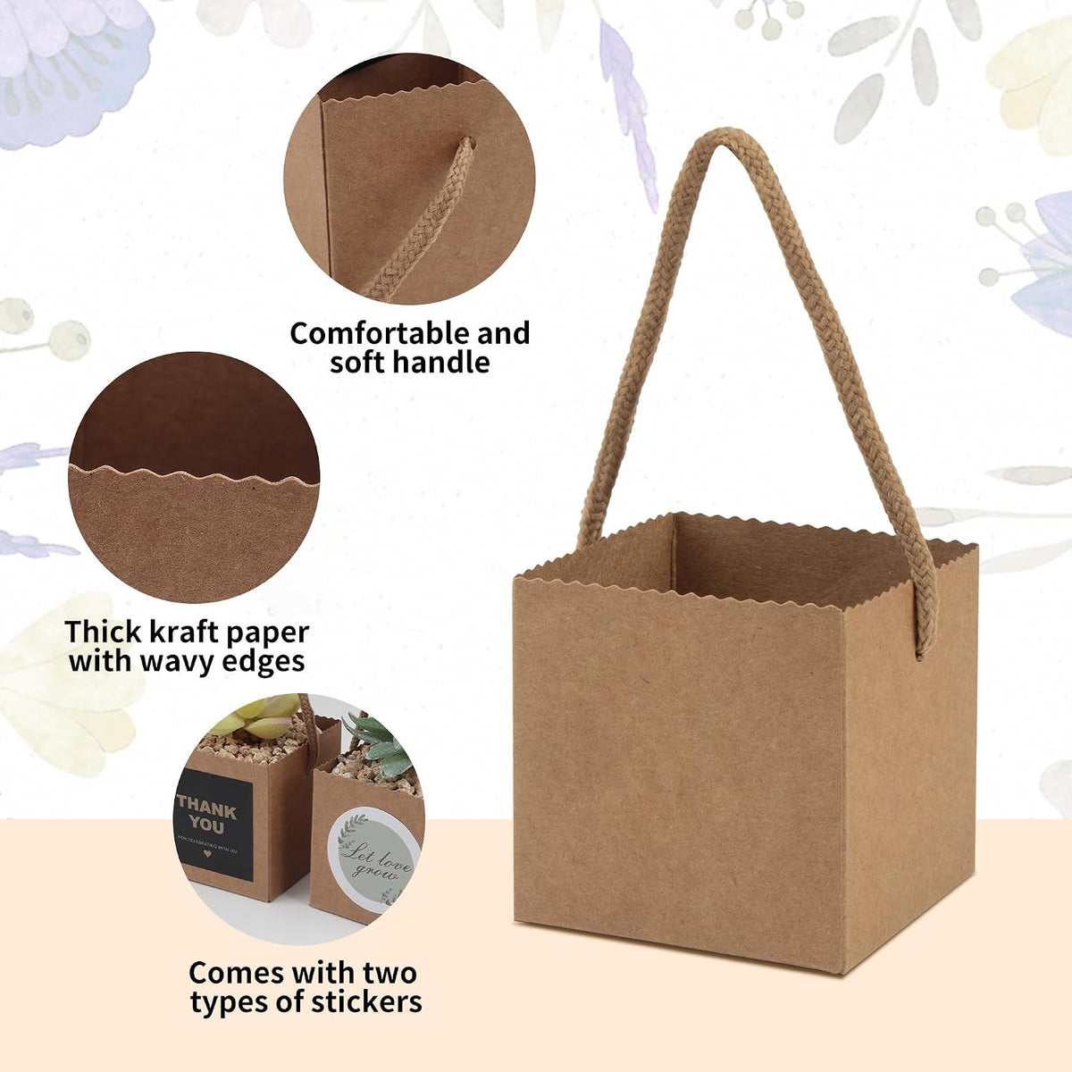 Temlum 2.5 Inch Succulent Wrap Bags (Fits 2.5″ Pots) with Thank You & Let Love Grow Stickers, Small Gift Box for Wedding, Baby Shower, Succulent Party Favors for Guests (Brown 40pcs)