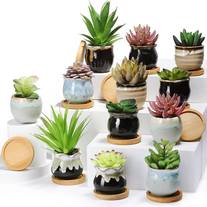 Remerry 24 Pcs Ceramic Succulent Pots 2.5 Inch with Drainage Bamboo Tray