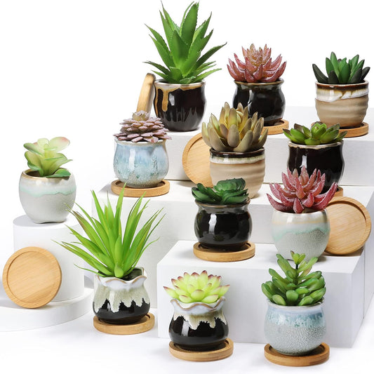 Remerry 24 Pcs Ceramic Succulent Pots 2.5 Inch with Drainage Bamboo Tray