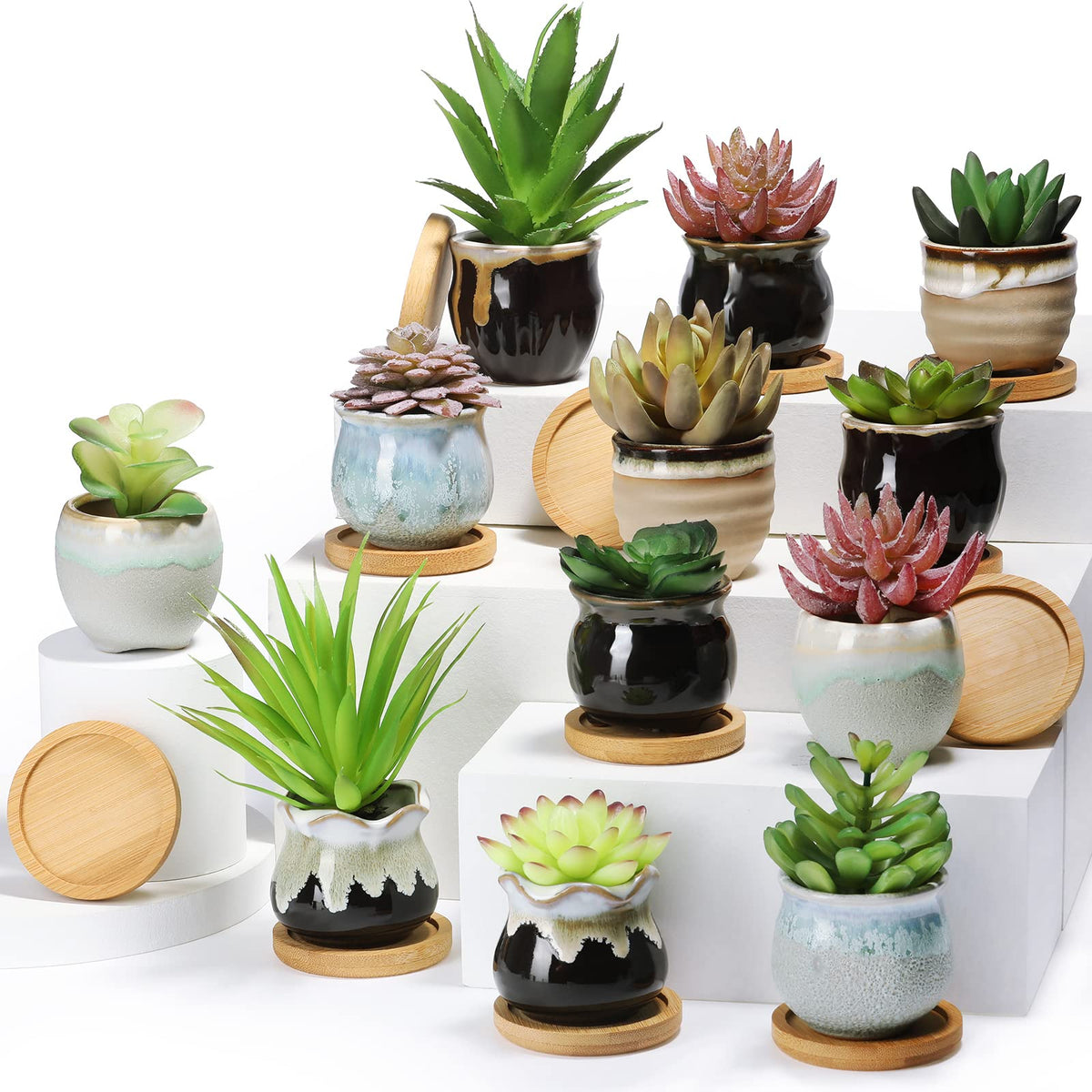 Remerry 24 Pcs Ceramic Succulent Pots 2.5 Inch with Drainage Bamboo Tray
