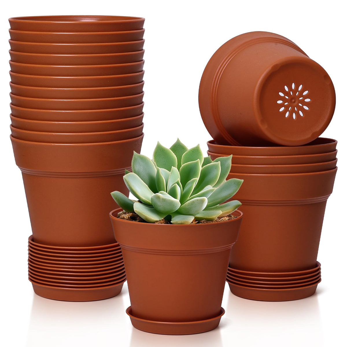 T4U Small Plant Pots 5 Inch 18 Pack, Plastic Flower Pots with Saucer White