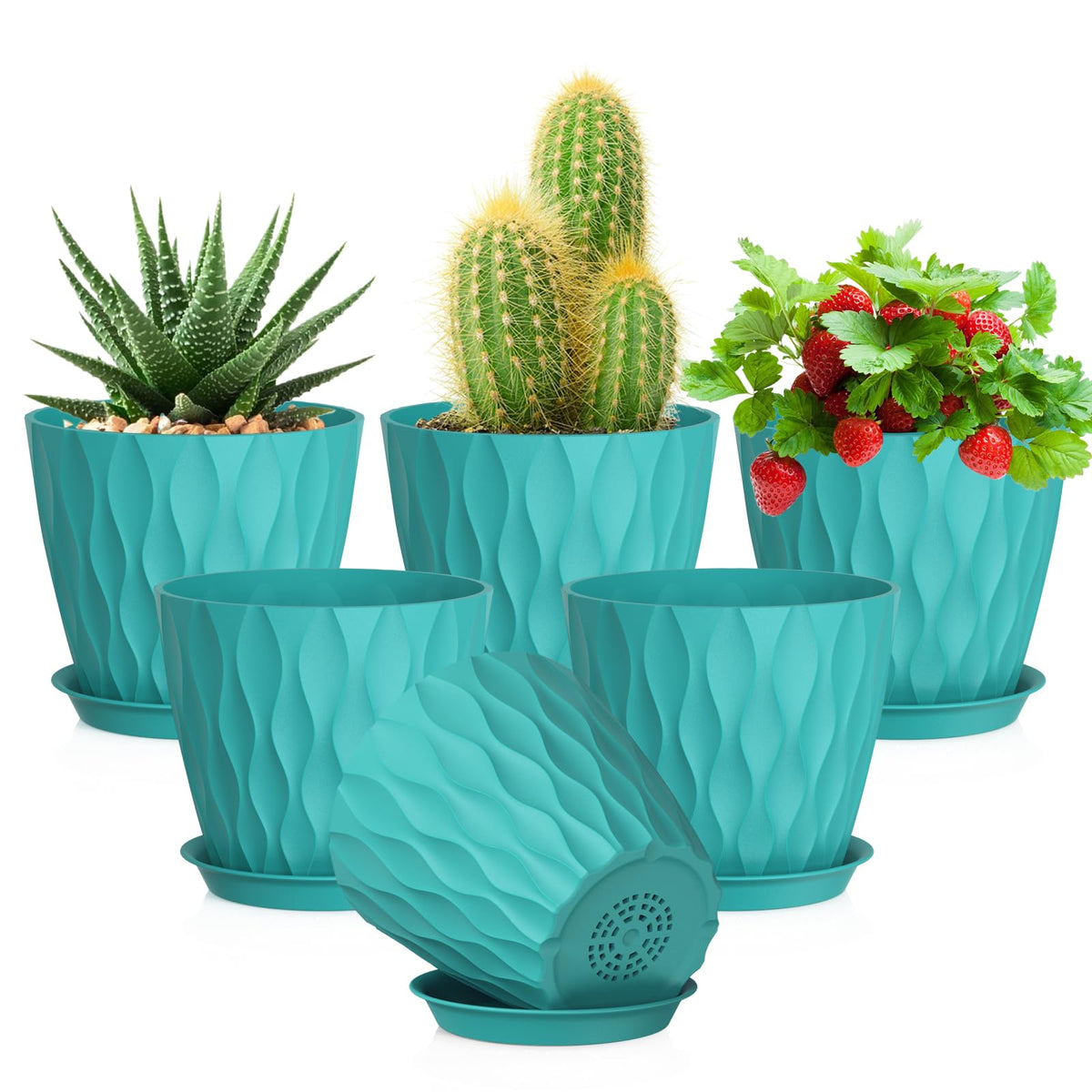 Meowell 4 inch Small Plastic Nursery Pots, 5 Pack Water Ripples Plant Pots for Indoor Plants, Flower Pots with Drainage Holes and Saucers, Seedling Starter Planters for Succulent Plants, White