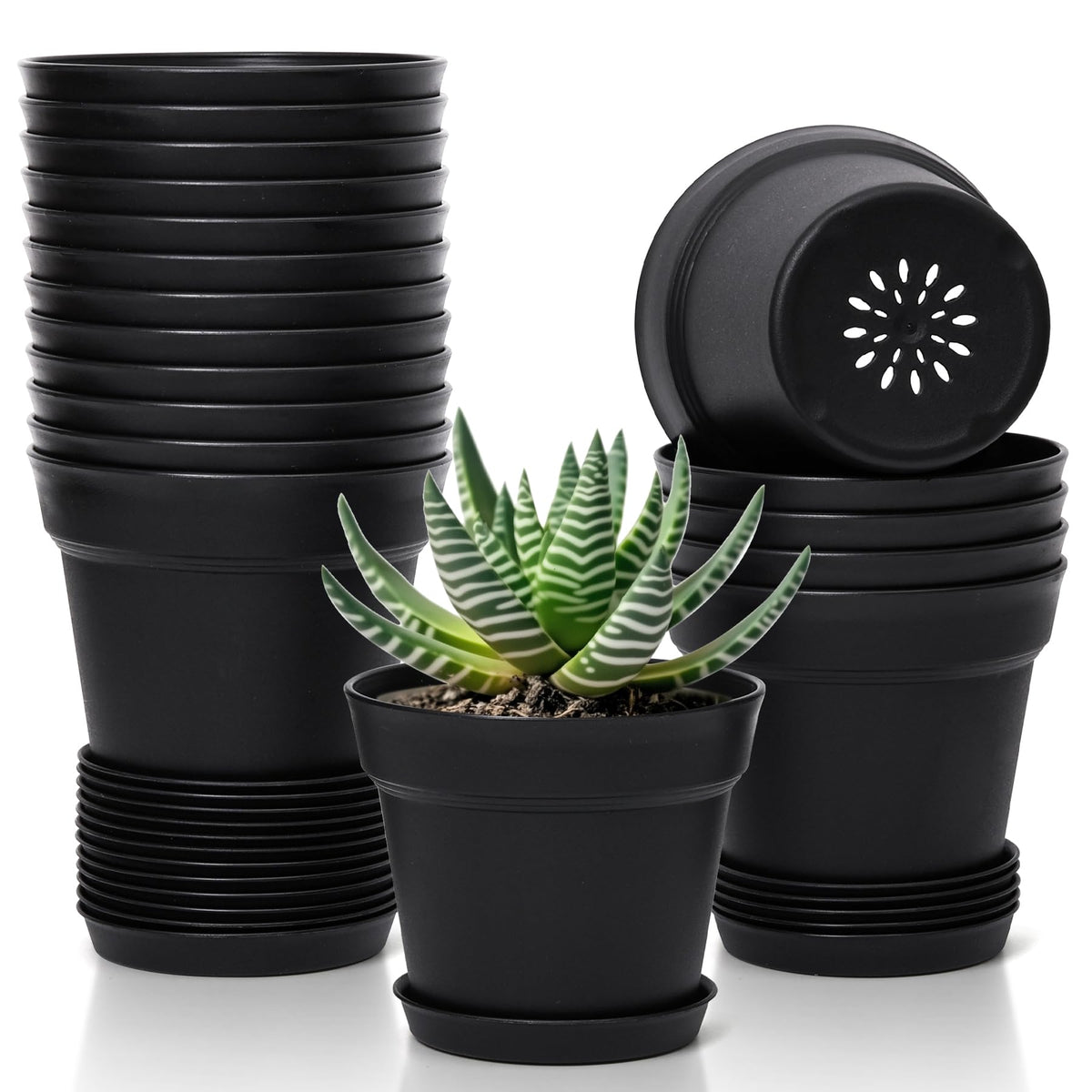 T4U Small Plant Pots 5 Inch 18 Pack, Plastic Flower Pots with Saucer White