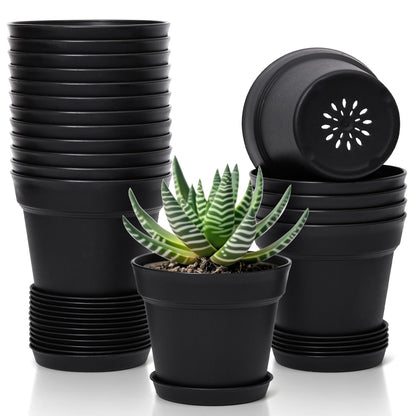 T4U Small Plant Pots 5 Inch 18 Pack, Plastic Flower Pots with Saucer White
