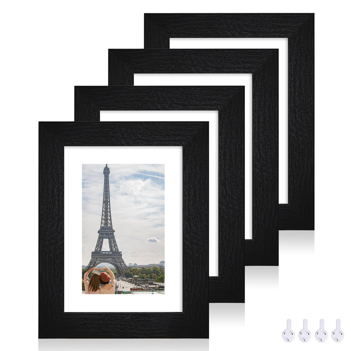 Hongkee 8x10 Picture Frame Set of 4, Real Glass and Wood Frame, 5x7 Mat