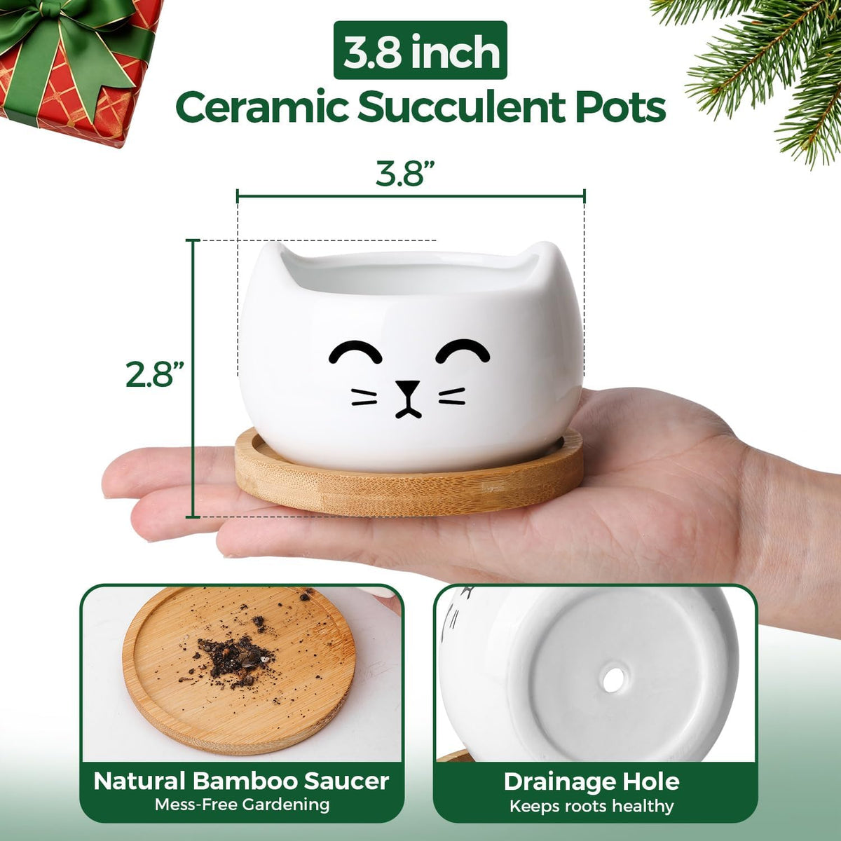 T4U Cat Ceramic Succulent Pots 3 Pcs, Animal Design Decorative Gift Planter