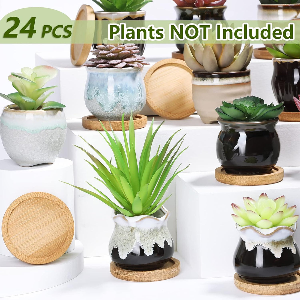 Remerry 24 Pcs Ceramic Succulent Pots 2.5 Inch with Drainage Bamboo Tray