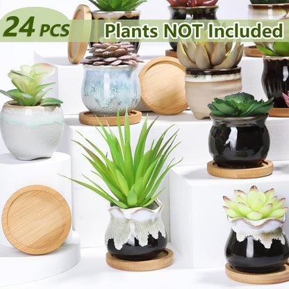 Remerry 24 Pcs Ceramic Succulent Pots 2.5 Inch with Drainage Bamboo Tray