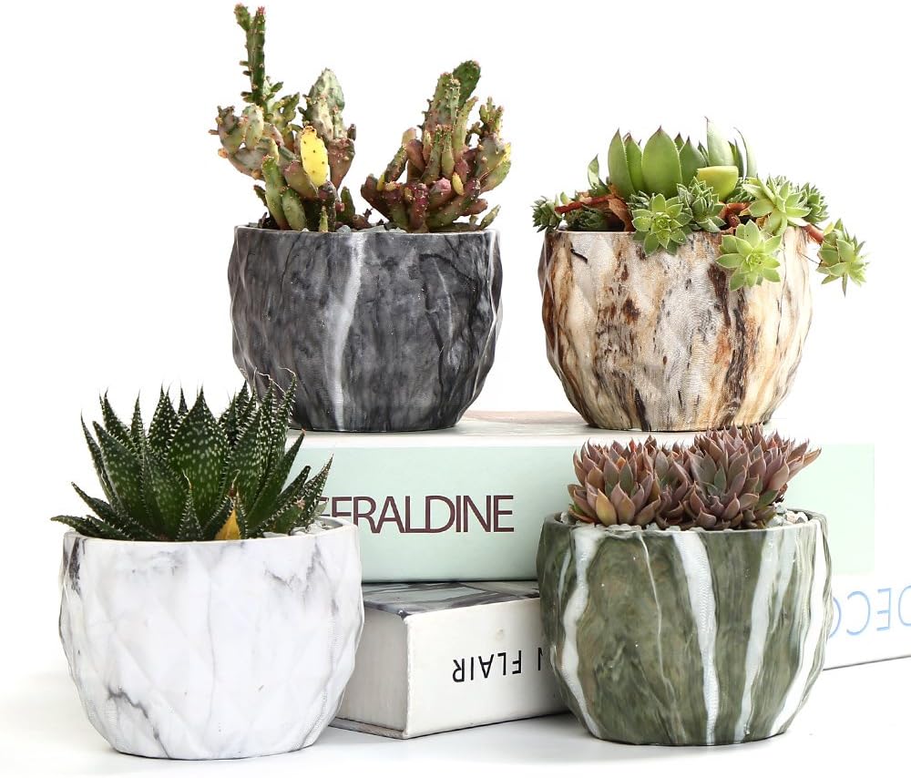 Sun-E Ceramic Succulent Pots, 3.35 Inch Marbled Flower Pots, Set of 4
