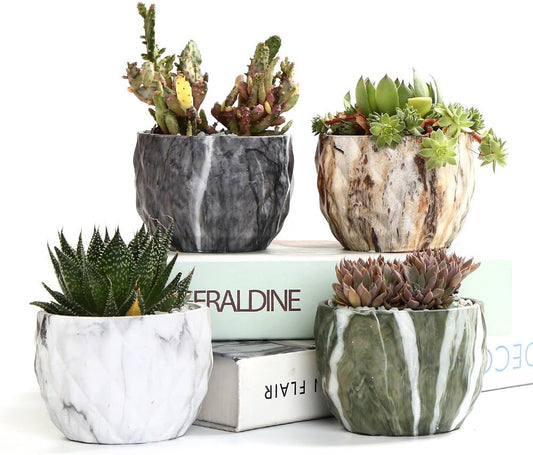 Sun-E Ceramic Succulent Pots, 3.35 Inch Marbled Flower Pots, Set of 4
