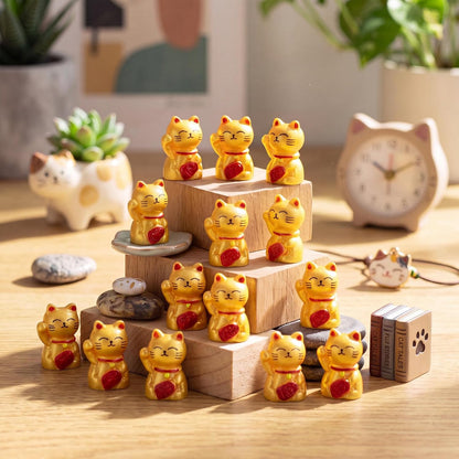 Soulchen 50 Pcs Mini Resin Cat Figurines Lucky Statue Welcome Cat Gold