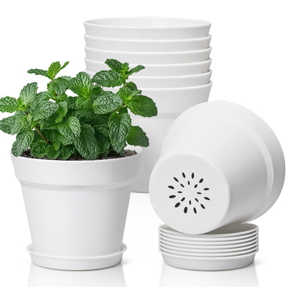 T4U Small Plant Pots 4 Inch 8 Pack, Plastic Indoor Flower Pots Saucer White