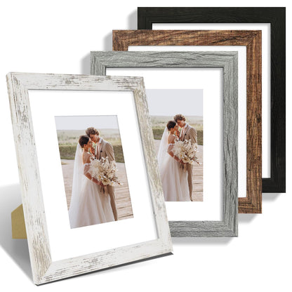 Hongkee 8x10 Picture Frame Set of 4, Real Glass and Wood Frame, 5x7 Mat