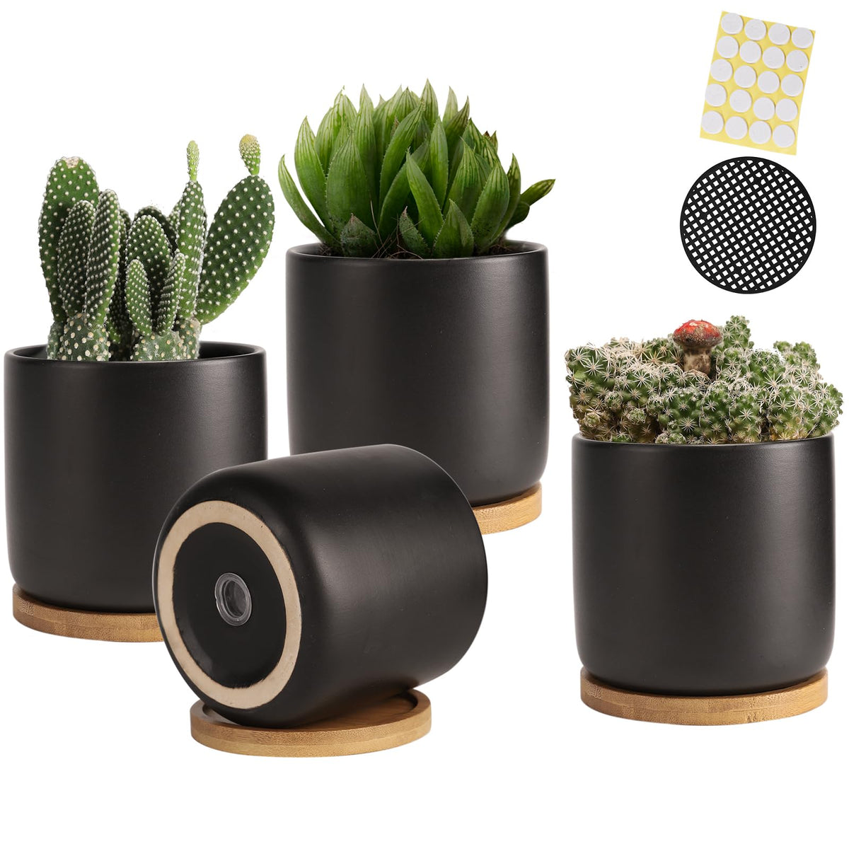 4 Inch Ceramic Plant Pot with Saucer, White Planters Pots with Drainage Hole and Mesh Pads for Succulent, Snake, Cactus, Herbs - 4 Packs(Plant Not Included)