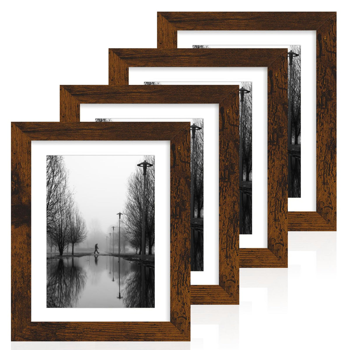 iRahmen 8x10 Picture Frame Set of 4, High Definition Real Glass Rustic Brown Frame, 8 x 10 Wood Photo Frames for Desktop Display and Wall Mounting