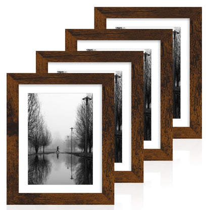 iRahmen 8x10 Picture Frame Set of 4, High Definition Real Glass Rustic Brown Frame, 8 x 10 Wood Photo Frames for Desktop Display and Wall Mounting