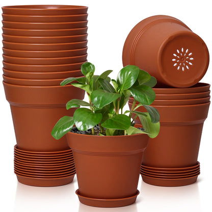 T4U Small Plant Pots 5 Inch 18 Pack, Plastic Flower Pots with Saucer White