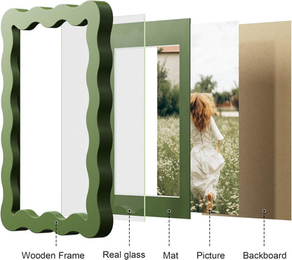 4x6 Picture Frame with Mat for 3.5x5, Wavy Edge Wooden Real Glass Photo Frame for Tabletop and Wall Hanging, Green, 1 Pack