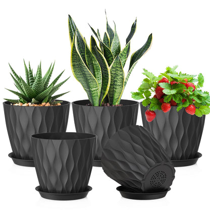 Meowell 4 inch Small Plastic Nursery Pots, 5 Pack Water Ripples Plant Pots for Indoor Plants, Flower Pots with Drainage Holes and Saucers, Seedling Starter Planters for Succulent Plants, White