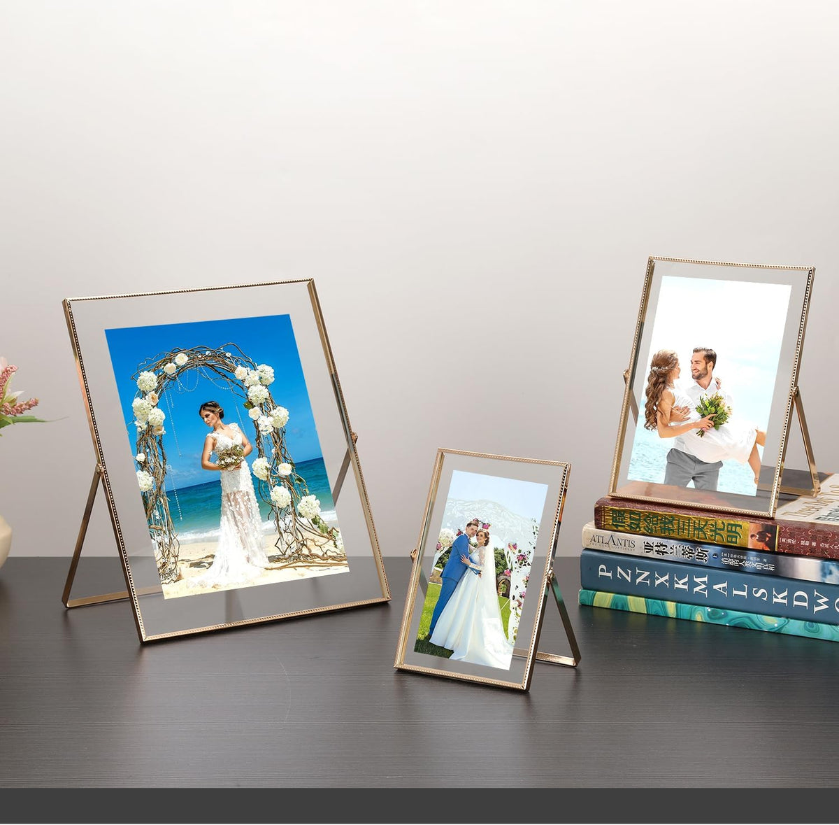 Gold 8x10'' Floating Frame Set of 2,For Photo Sizes( 5x7'',6x8'',7x9''),Beautiful Metal Beaded Edge Frames Adjustable Tabletop/Shelf Photo Frame,Classy Gift Choice for Wedding