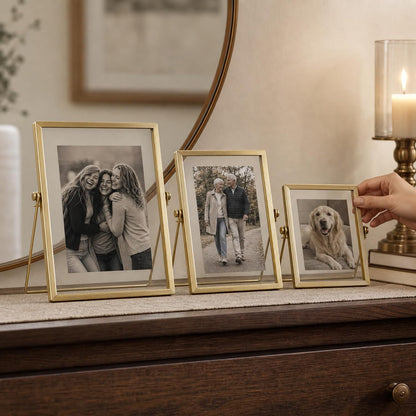 Gold Picture Frames Set of 3 — 4x4 4x6 5x7 Floating Glass Photo Frame Gift