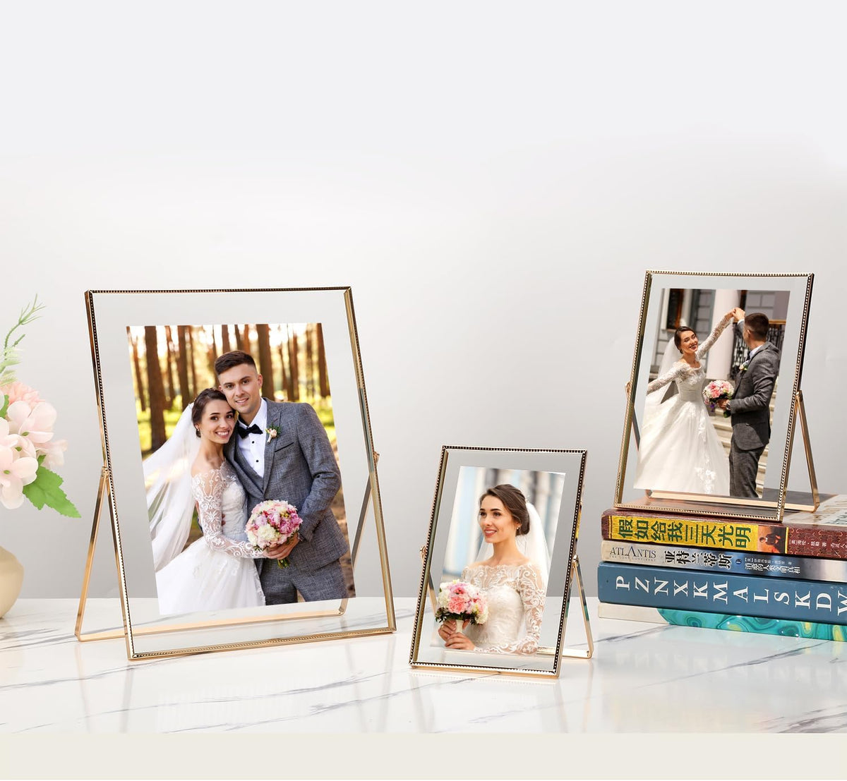 Gold 8x10'' Floating Frame Set of 2,For Photo Sizes( 5x7'',6x8'',7x9''),Beautiful Metal Beaded Edge Frames Adjustable Tabletop/Shelf Photo Frame,Classy Gift Choice for Wedding