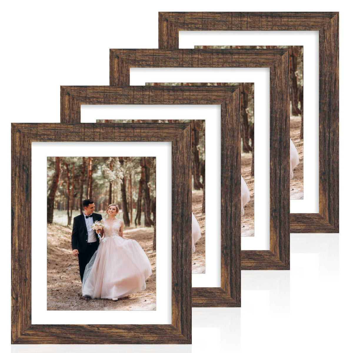 iRahmen 8x10 Picture Frame Set of 4, High Definition Real Glass Rustic Brown Frame, 8 x 10 Wood Photo Frames for Desktop Display and Wall Mounting