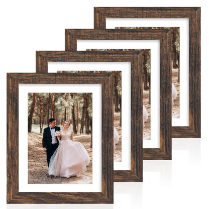 iRahmen 8x10 Picture Frame Set of 4, High Definition Real Glass Rustic Brown Frame, 8 x 10 Wood Photo Frames for Desktop Display and Wall Mounting
