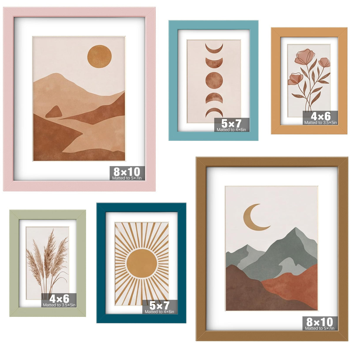 8 x 10, 5 x 7, 4 x 6 Picture Frame Set of 6, Boho Colorful Photo Frames