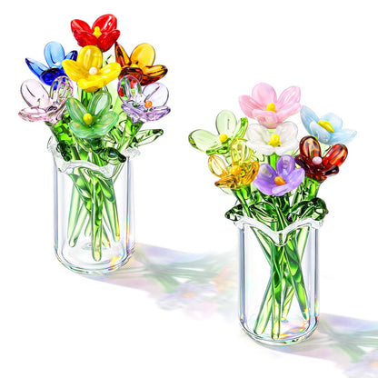 8 Pcs Mini Glass Flowers with Vase Set Small Crystal Bouquet