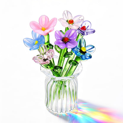 8 Pcs Mini Glass Flowers with Vase Set Small Crystal Bouquet