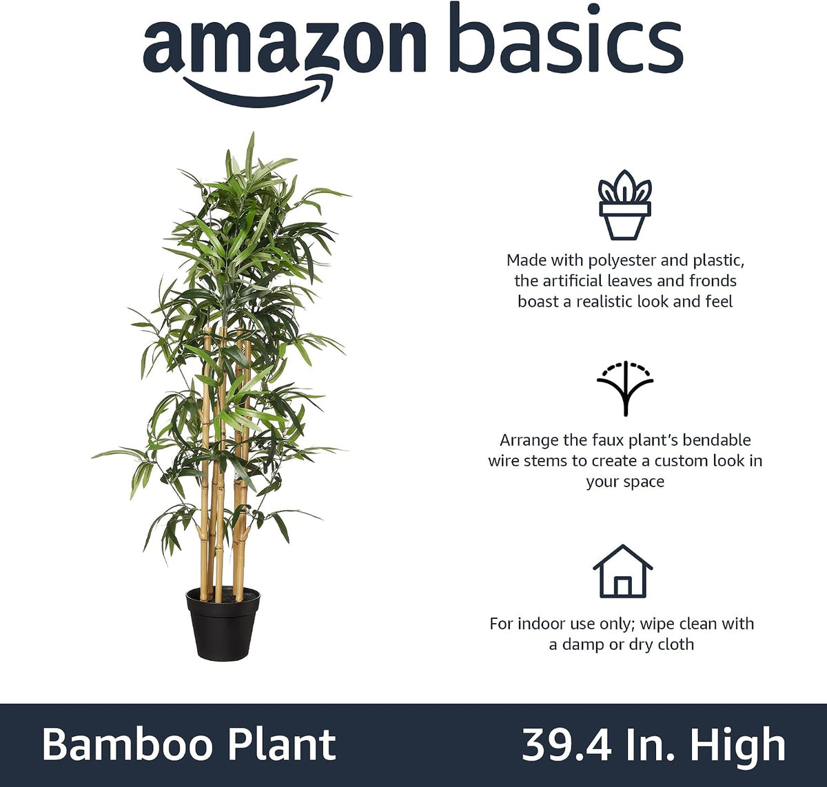 Amazon Basics Artificial Bamboo Plant with Plastic Planter Pot, 39.4", Green, Home Office Decor, Floor Plant