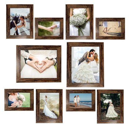 Picture Frame Set 10 pack, Farmhouse Photo Frames, Gallery Wall Frame Collage, with Two 8x10, Four 5x7, Four 4x6 Photo Frame set, in 3 Different Finishes Picture Frames For Wall or Desk,Rustic Brown