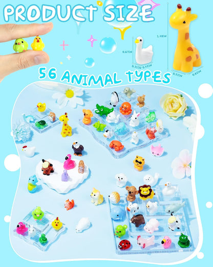 FIVEIZERO 56 Styles Mini Resin Animal Figurines Bulk, Unique Assorted Tiny Little Animals to Hide, Small Figures for Micro Fairy Garden, Party Favors, Dollhouse Crafts Decor
