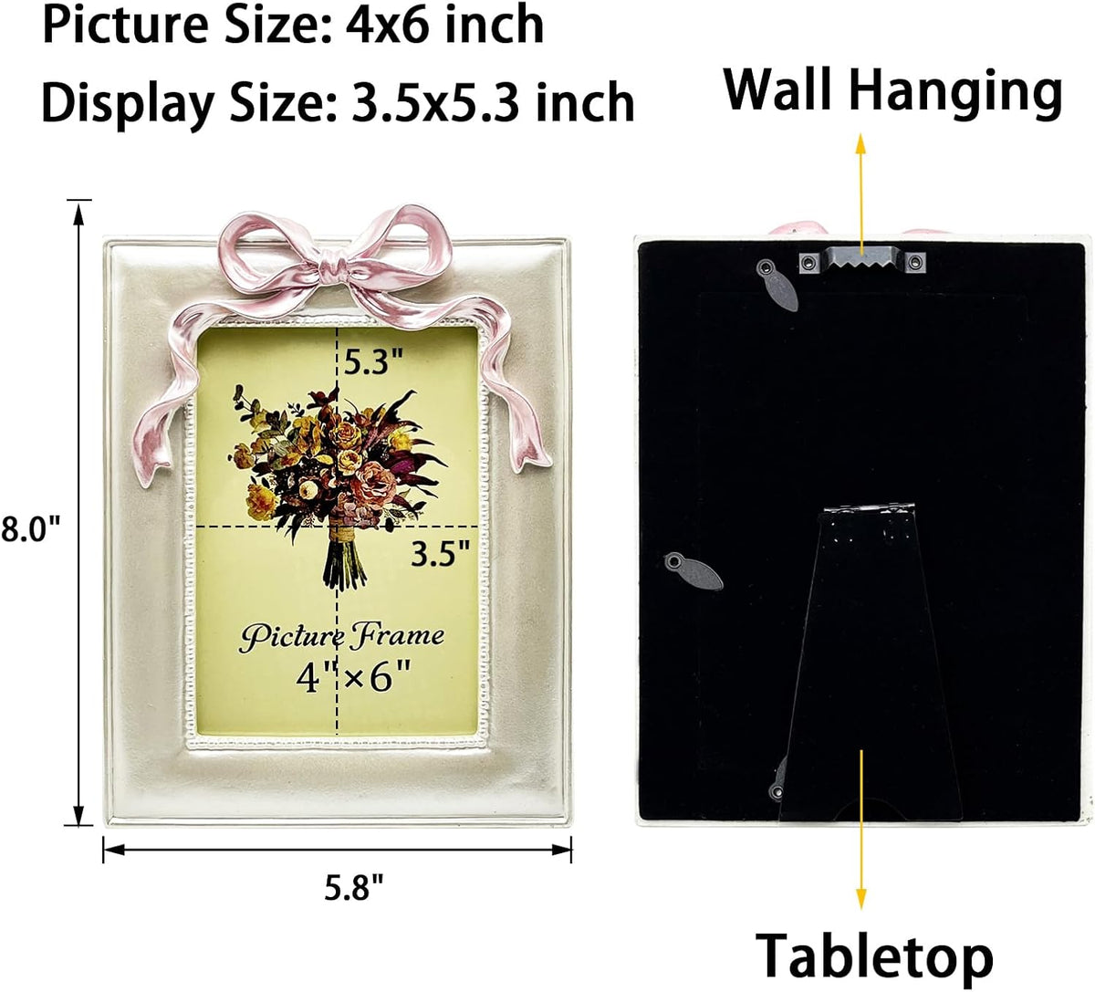 JANDERART 4x6 Pink Bow Picture Frame, Cute Photo Frame, Pearly White