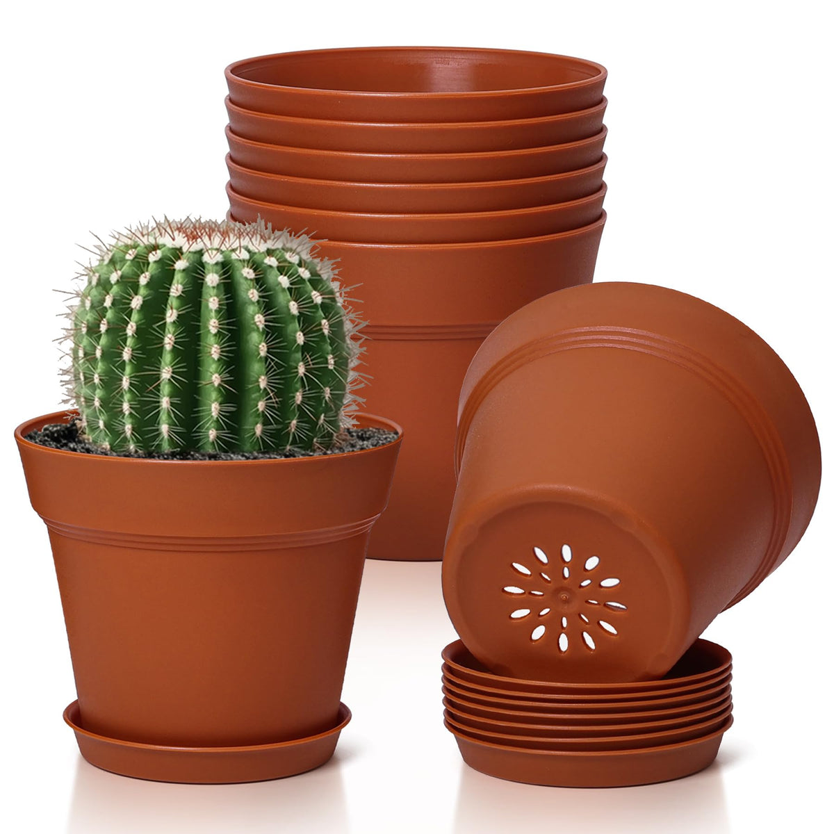 T4U Small Plant Pots 4 Inch 8 Pack, Plastic Indoor Flower Pots Saucer White