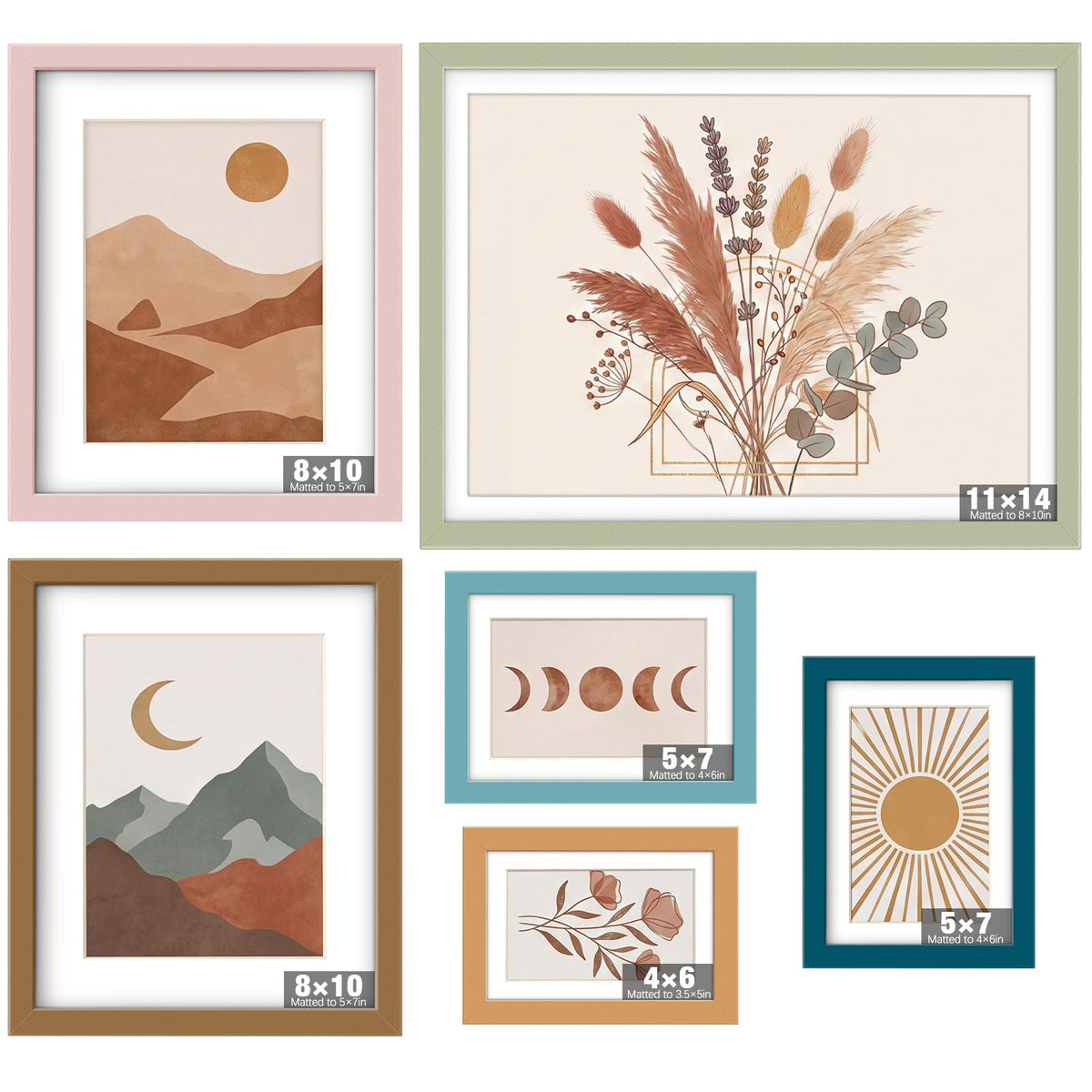 8 x 10, 5 x 7, 4 x 6 Picture Frame Set of 6, Boho Colorful Photo Frames