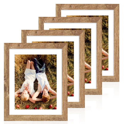 iRahmen 8x10 Picture Frame Set of 4, High Definition Real Glass Rustic Brown Frame, 8 x 10 Wood Photo Frames for Desktop Display and Wall Mounting