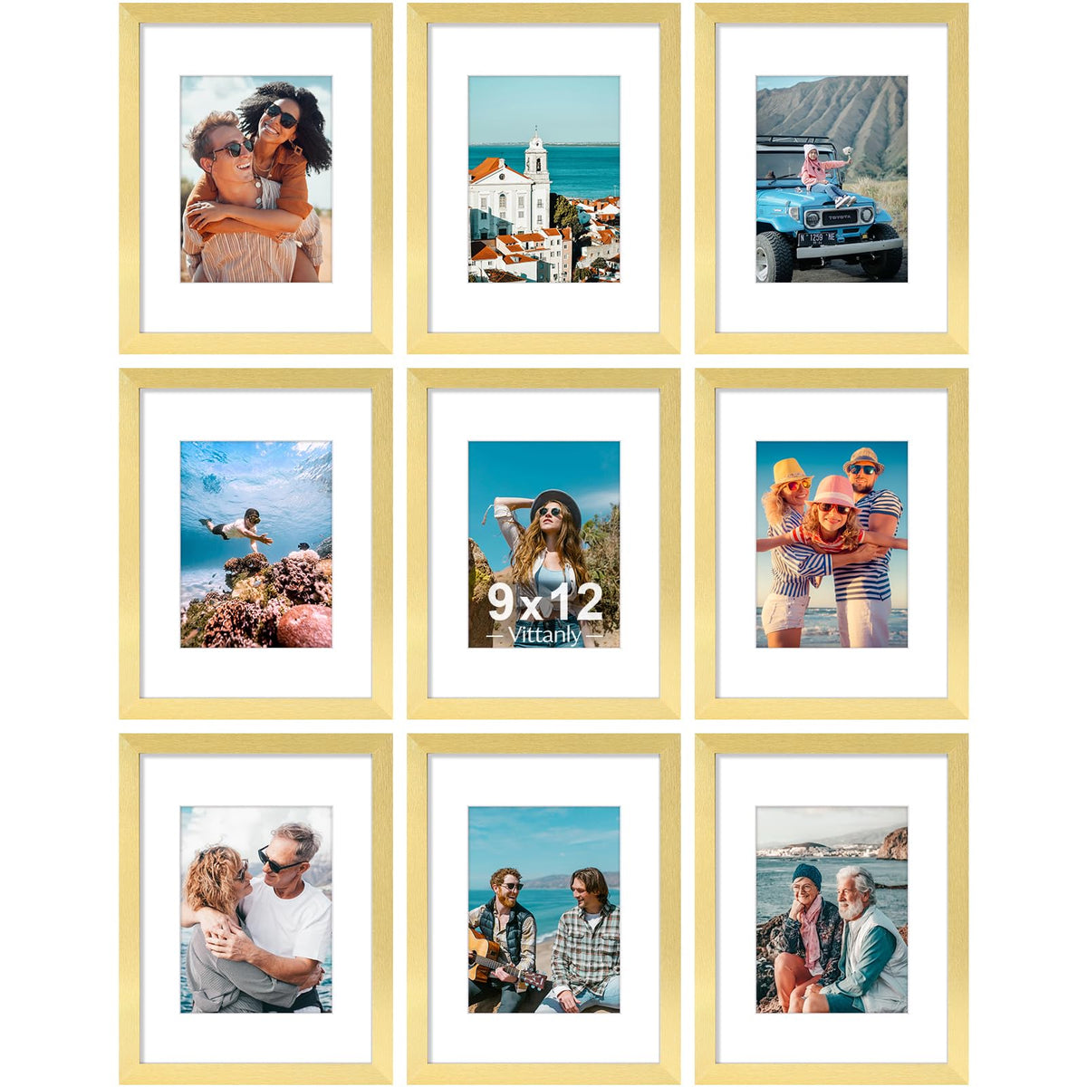 Vittanly 8x10 Picture Frames Set of 9 for Wall or Tabletop Display, Gold
