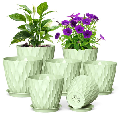 Meowell 4 inch Small Plastic Nursery Pots, 5 Pack Water Ripples Plant Pots for Indoor Plants, Flower Pots with Drainage Holes and Saucers, Seedling Starter Planters for Succulent Plants, White