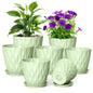 Meowell 4 inch Small Plastic Nursery Pots, 5 Pack Water Ripples Plant Pots for Indoor Plants, Flower Pots with Drainage Holes and Saucers, Seedling Starter Planters for Succulent Plants, White