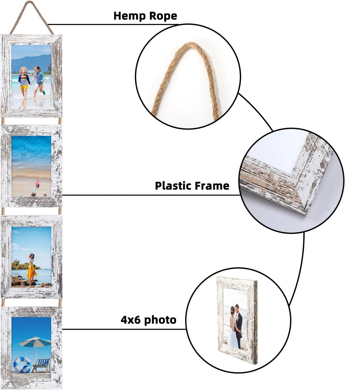 Lavezee 4x6 Hanging Collage Picture Frames Set of 2, 8 Opening Vertical Frame Made to Display 4 by 6 Inch Photo for Wall Decor, Distressed White
