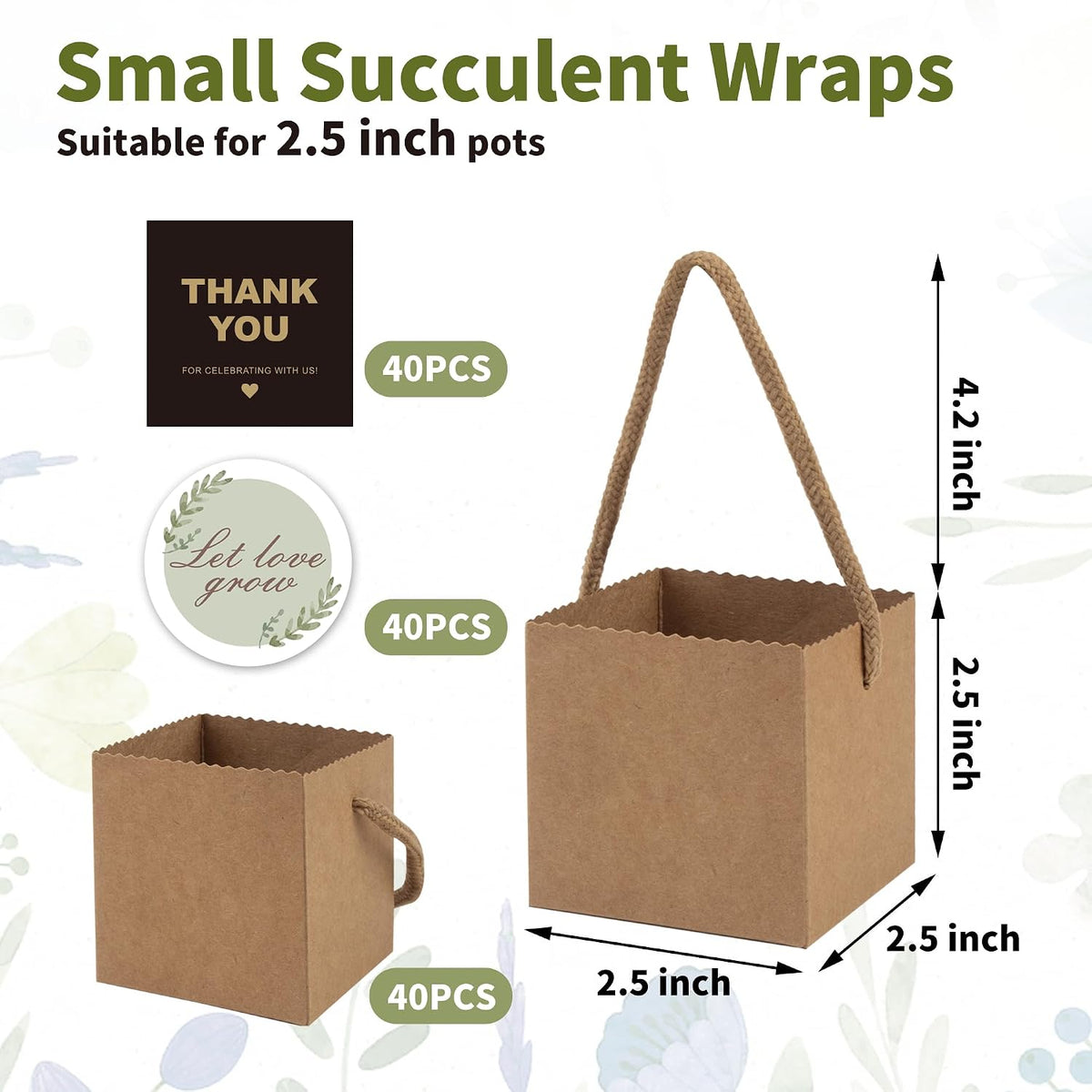Temlum 2.5 Inch Succulent Wrap Bags (Fits 2.5″ Pots) with Thank You & Let Love Grow Stickers, Small Gift Box for Wedding, Baby Shower, Succulent Party Favors for Guests (Brown 40pcs)