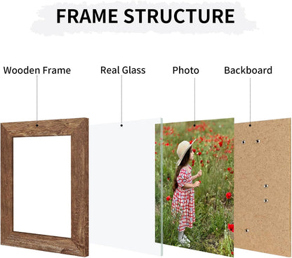 4x6 Collage Picture Frames Set of 2, Rustic Wooden Real Glass Vertical Hanging 3 Opening 4 by 6 Photo Frame, Rustic Brown