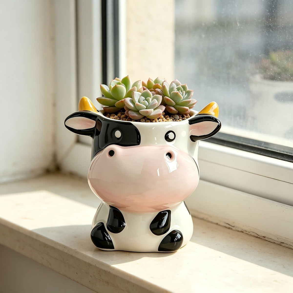 Cute Animal Ceramic Planter Pot, Small Glossy Cartoon Cow Shaped