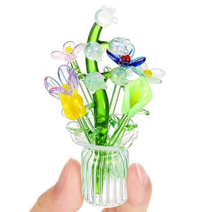 8 Pcs Mini Glass Flowers with Vase Set Small Crystal Bouquet