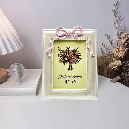 JANDERART 4x6 Pink Bow Picture Frame, Cute Photo Frame, Pearly White