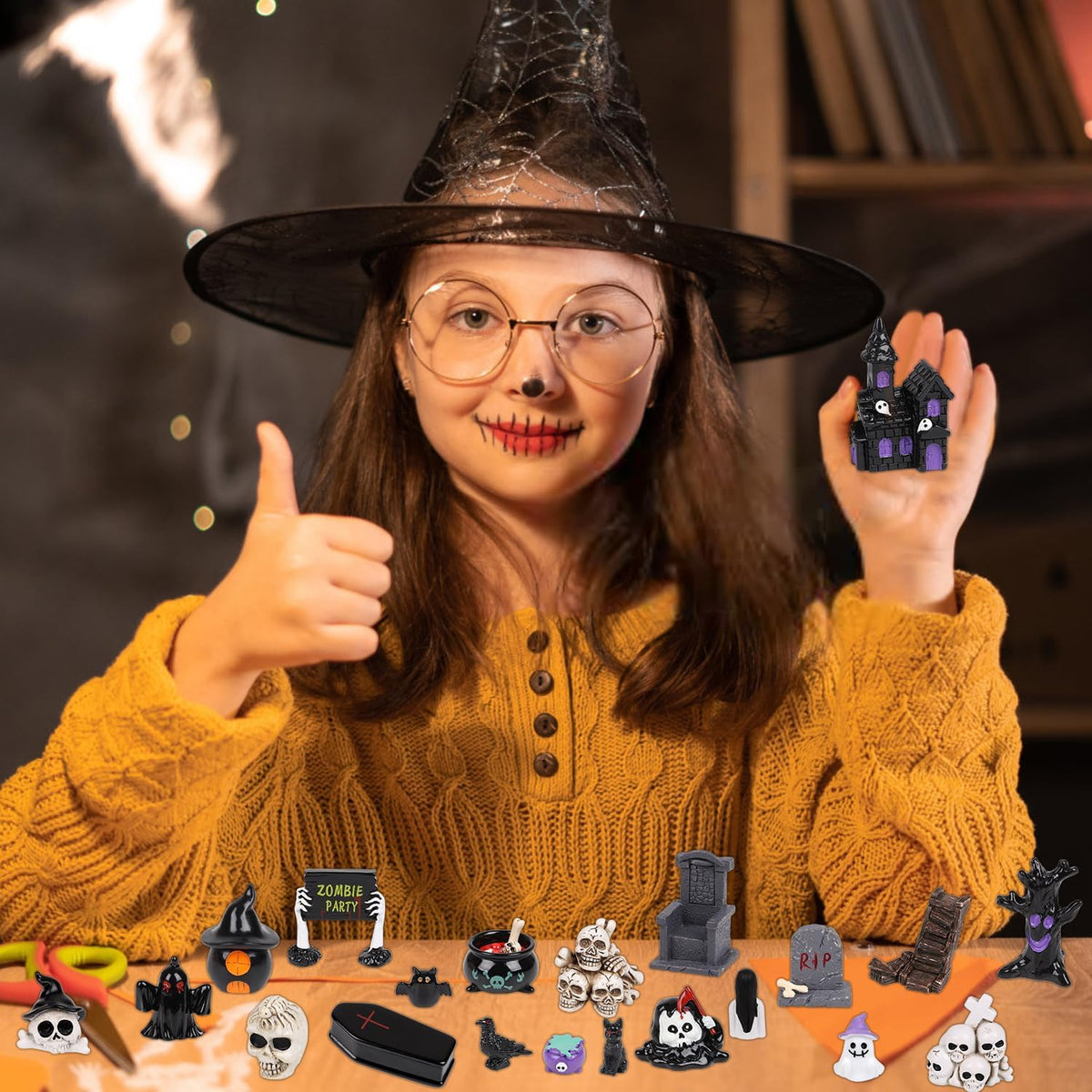 CCINEE 48pcs Halloween Mini Resin Figurines for Crafts, Miniature Skull Ghost Pumpkin Figures to Hide Tiny Village Collections Bulk for Holiday Party Favor Table Indoor Garden Dollhouse Decorations