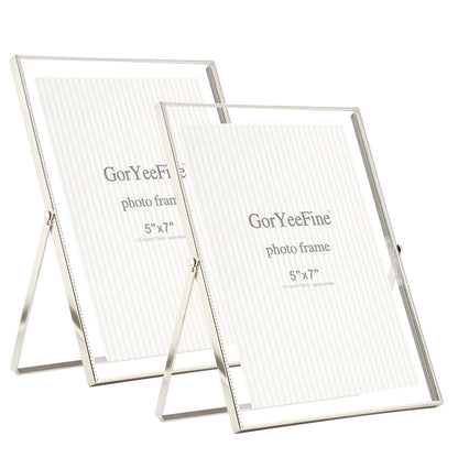 Gold 8x10'' Floating Frame Set of 2,For Photo Sizes( 5x7'',6x8'',7x9''),Beautiful Metal Beaded Edge Frames Adjustable Tabletop/Shelf Photo Frame,Classy Gift Choice for Wedding