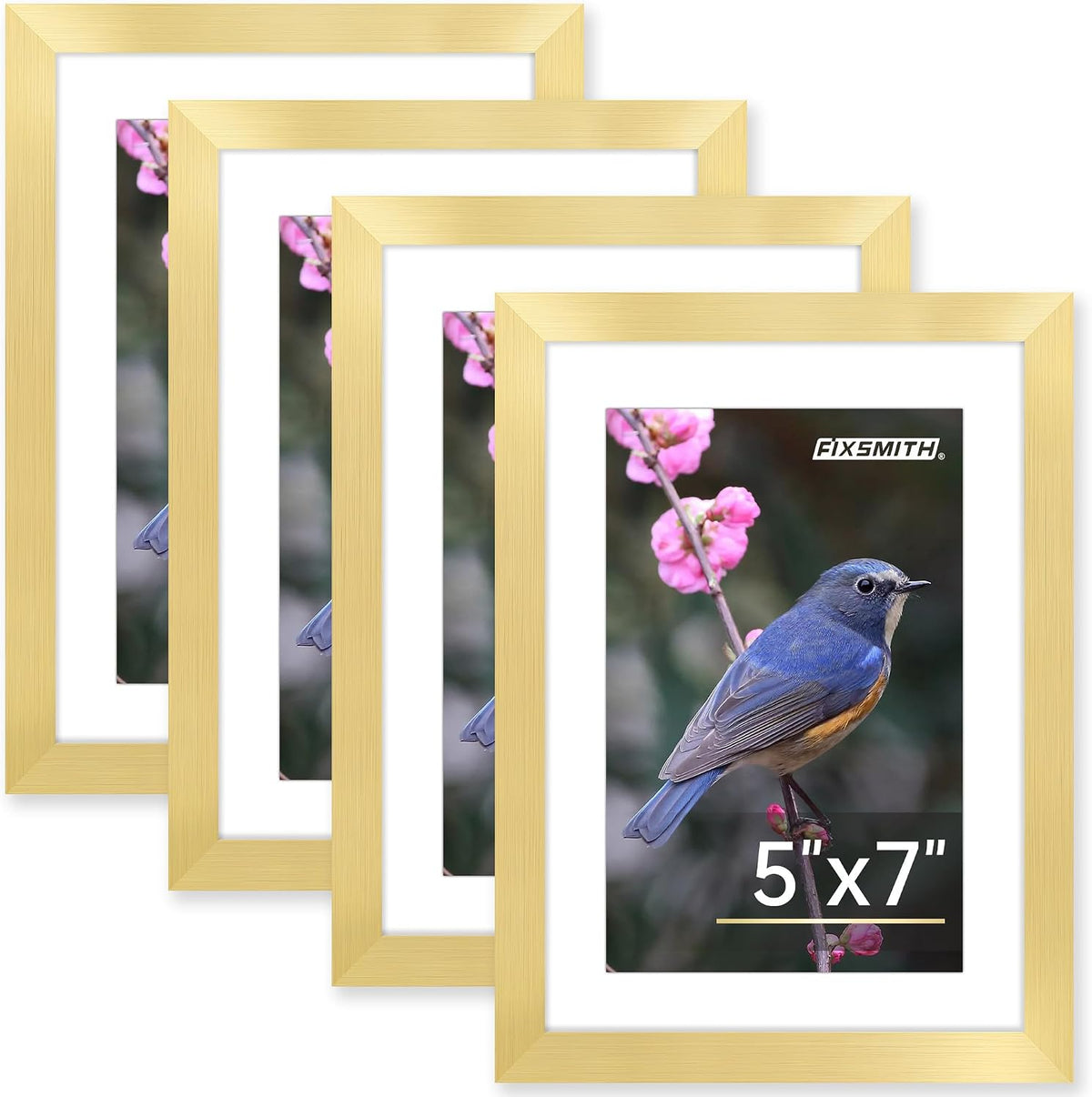FIXSMITH 5x7 Picture Frame Bulk-4 Pack, Gold Picture Frames Collage Wall Decor, Wall & Tabletop Picture Frames, Photo Frame with HD Plexiglass, Display Pictures 4x6 with Mat or 5x7 Without Mat